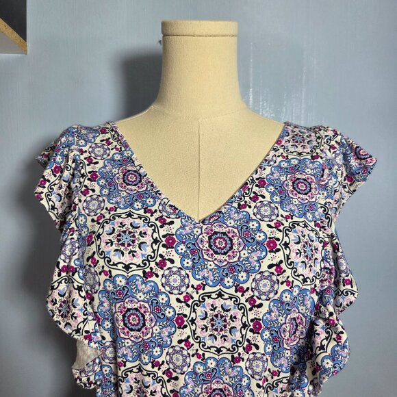 Loft Medium Pink Blue Floral V Neck Ruffle Sleeveless Knee Length Summer Dress - Picture 2 of 9